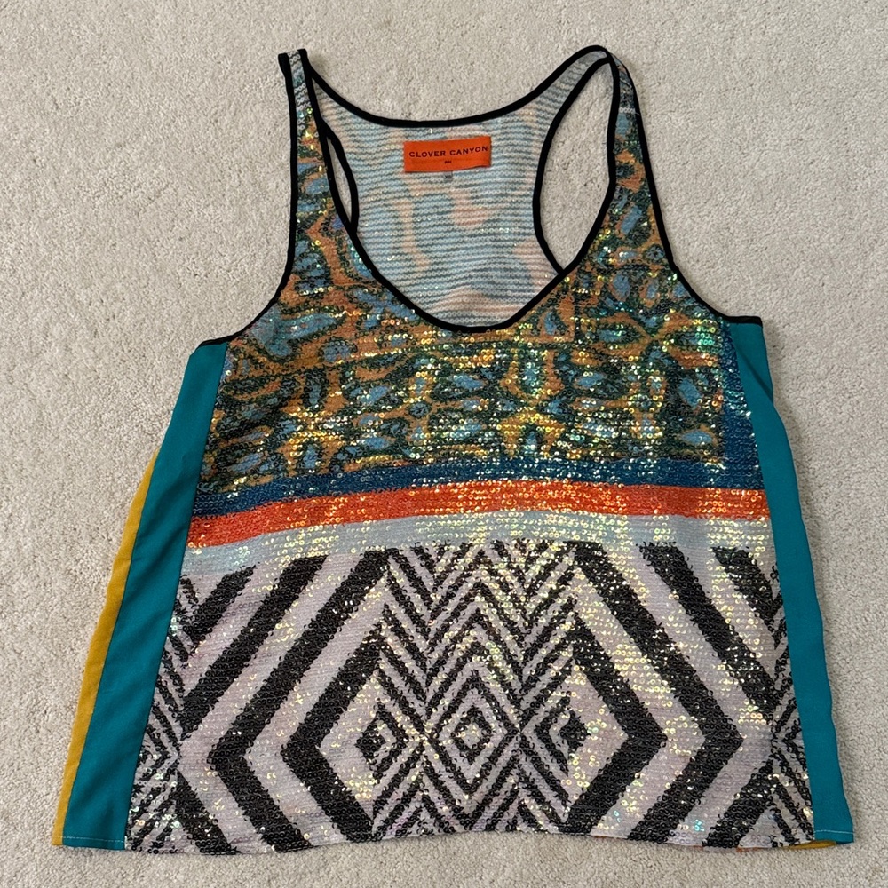 Clover Canyon Sequin Tank Top with Teal and Orange Accents